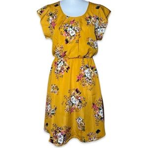 Sweet Rain Gold Floral Knee Length Dress Size L Cap Sleeve Keyhole Pleat Office